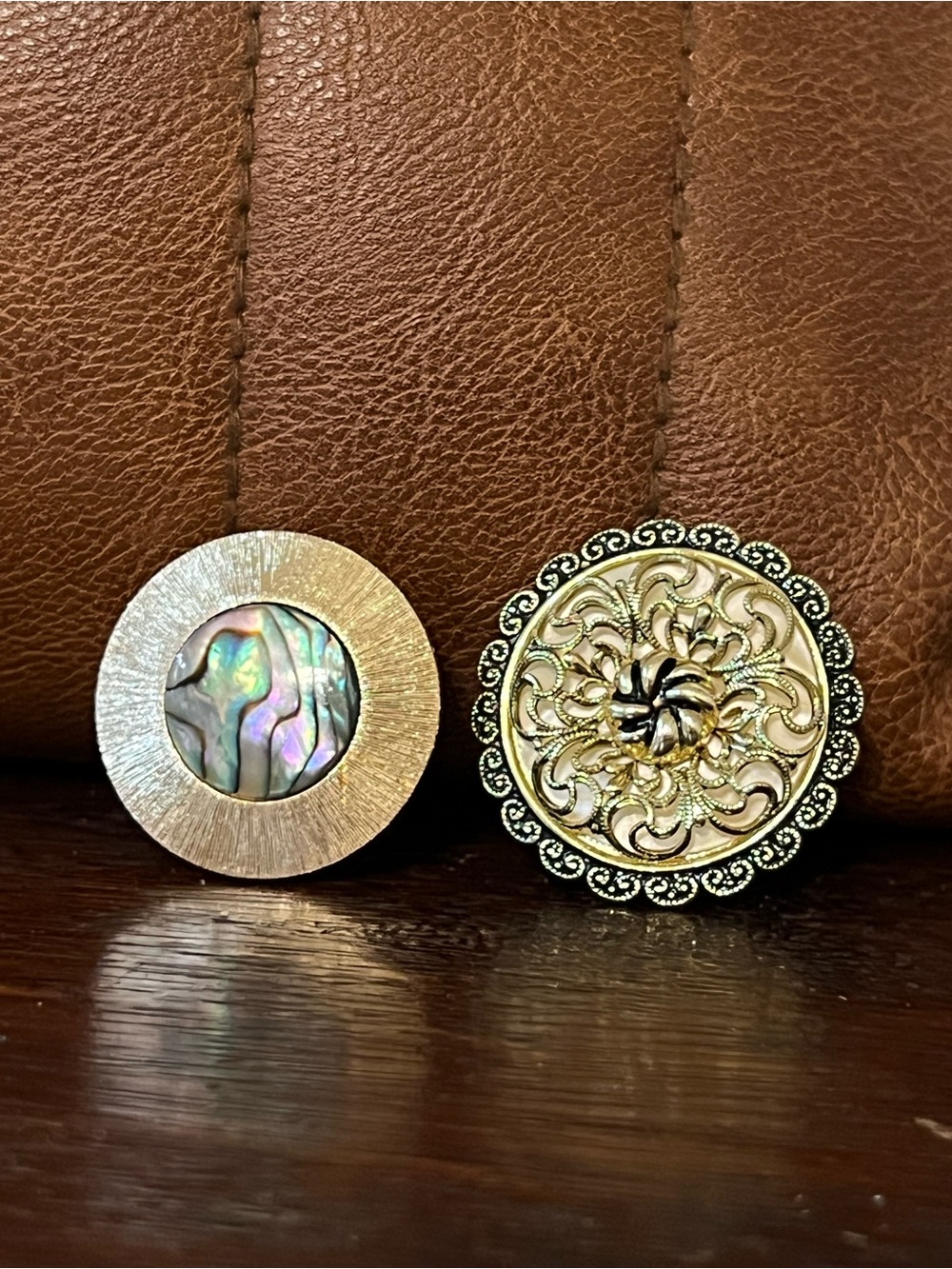 Vintage West Germany Scarf Clips with Abalone and Filigree Gold-Toned